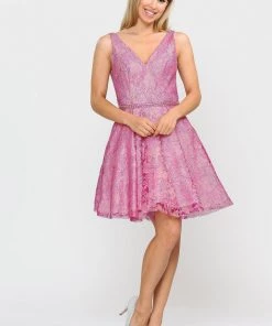 Short Glitter Print V-Neck Dress With Pockets By Poly USA 8504 Prom