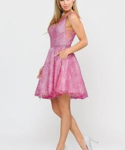 Short Glitter Print V-Neck Dress With Pockets By Poly USA 8504 Prom