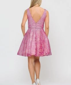Short Glitter Print V-Neck Dress With Pockets By Poly USA 8504 Prom