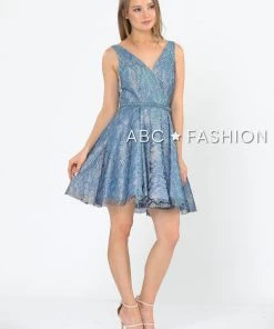 Short Glitter Print V-Neck Dress With Pockets By Poly USA 8504 Prom