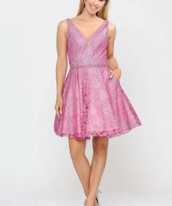 Short Glitter Print V-Neck Dress With Pockets By Poly USA 8504 Prom