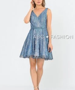 Short Glitter Print V-Neck Dress With Pockets By Poly USA 8504 Prom