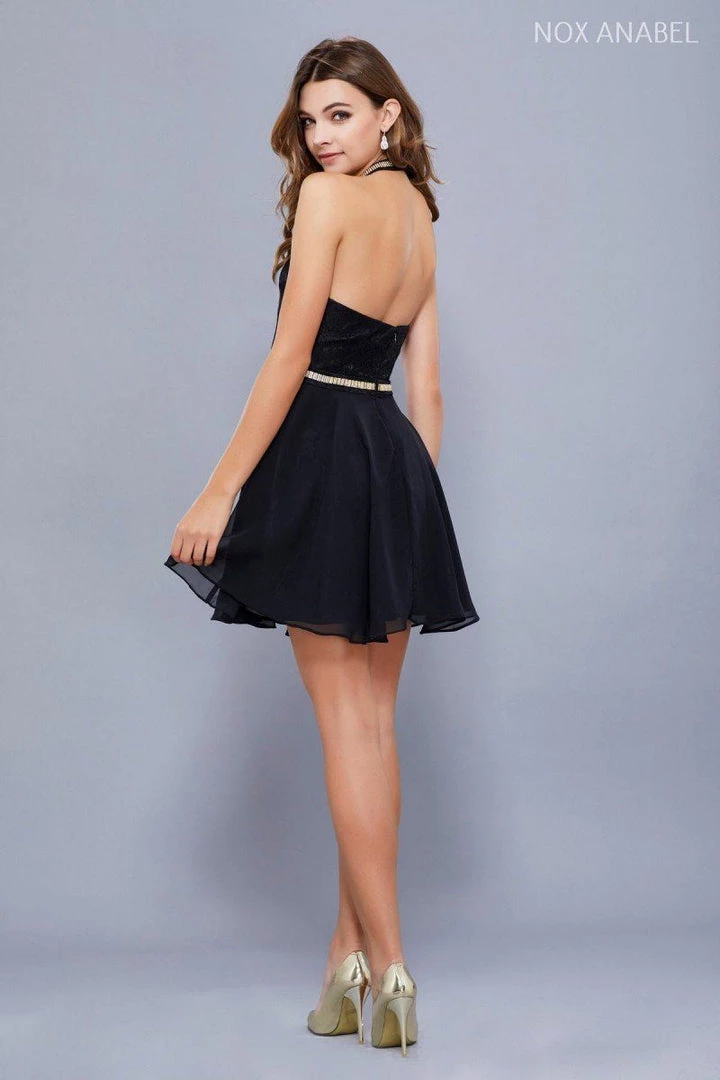 Prom Short Halter Chiffon Dress With Lace Bodice By Nox Anabel 6225 4 Prom Short Halter Chiffon Dress With Lace Bodice By Nox Anabel 6225
