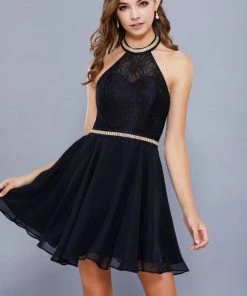 Prom Short Halter Chiffon Dress With Lace Bodice By Nox Anabel 6225
