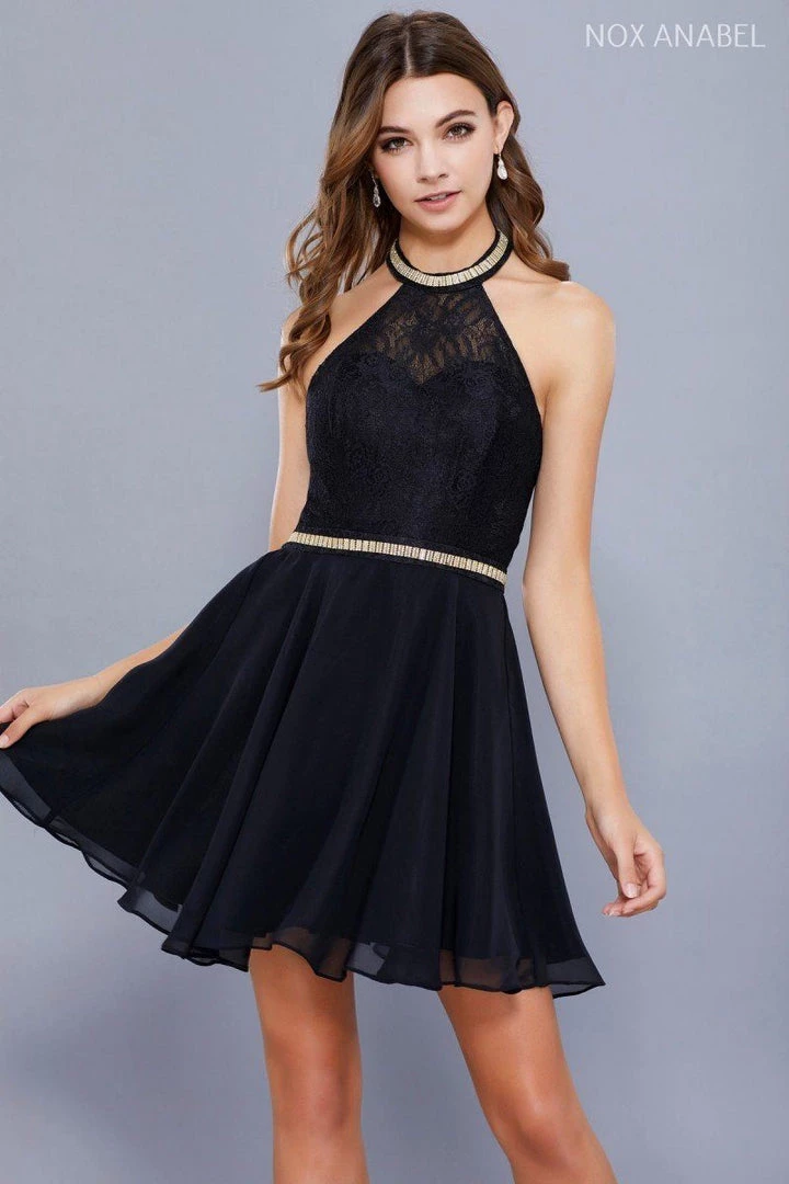 Prom Short Halter Chiffon Dress With Lace Bodice By Nox Anabel 6225 3 Prom Short Halter Chiffon Dress With Lace Bodice By Nox Anabel 6225