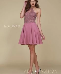 Short Halter Dress With Applique Bodice By Nox Anabel G657