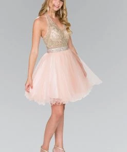 Short Halter Dress With Beaded Bodice By Elizabeth K GS2382 Prom