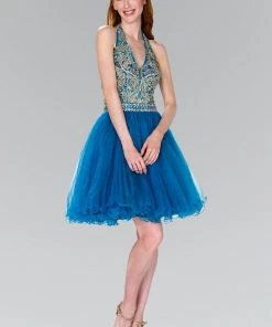 Short Halter Dress With Beaded Bodice By Elizabeth K GS2382 Prom