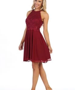 Prom Short Halter Dress With Lace Bodice By Celavie 6398 11 Prom Short Halter Dress With Lace Bodice By Celavie 6398