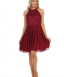 Prom Short Halter Dress With Lace Bodice By Celavie 6398