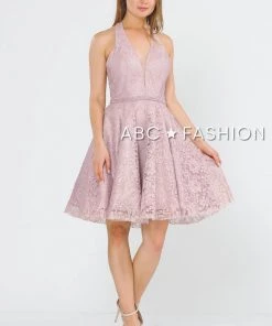 Prom Short Halter Lace Dress With Open Back By Poly USA 8428