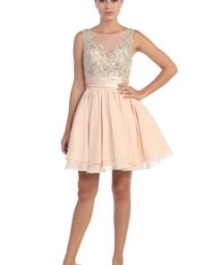 Prom Short Illusion Dress With Beaded Lace Appliques By Star Box 6054