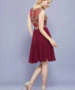 Short Illusion Dress With Gold Lace Applique By Nox Anabel 6321 Prom