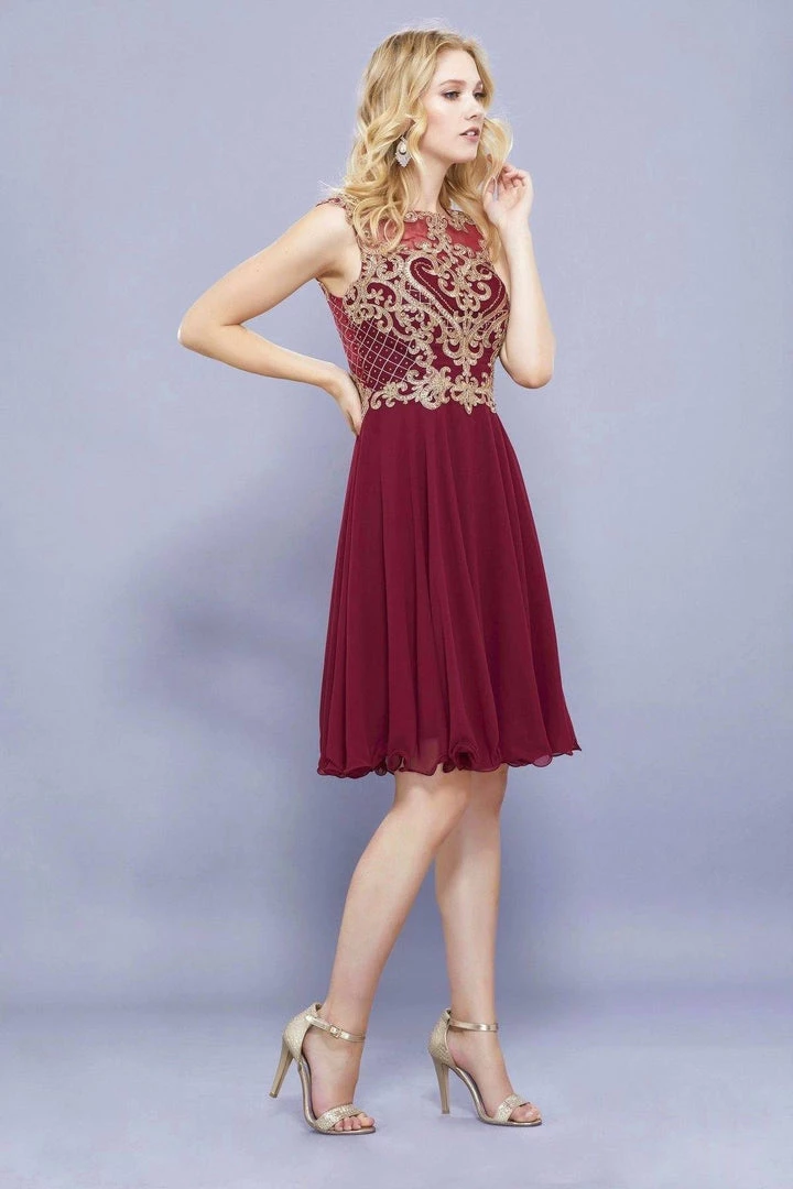Short Illusion Dress With Gold Lace Applique By Nox Anabel 6321 Prom 5 Short Illusion Dress With Gold Lace Applique By Nox Anabel 6321 Prom