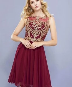 Short Illusion Dress With Gold Lace Applique By Nox Anabel 6321 Prom