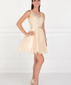 Short Illusion Dress With Lace Bodice By Elizabeth K GS2414