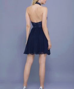 Short Illusion Halter Dress With Lace Applique By Nox Anabel 6308