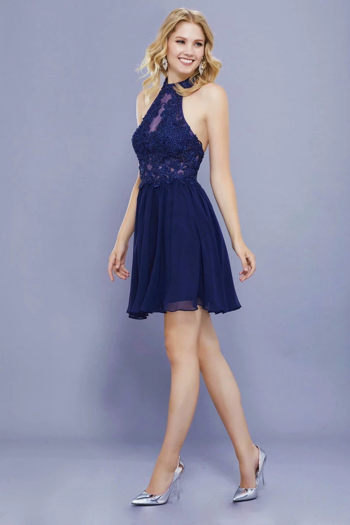 Short Illusion Halter Dress With Lace Applique By Nox Anabel 6308 5 Short Illusion Halter Dress With Lace Applique By Nox Anabel 6308