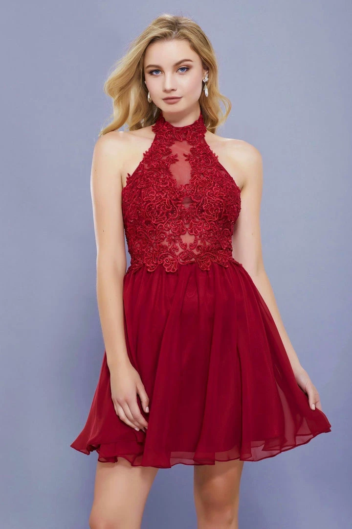 Short Illusion Halter Dress With Lace Applique By Nox Anabel 6308 6 Short Illusion Halter Dress With Lace Applique By Nox Anabel 6308