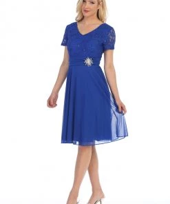 Prom Short Knee Length Dress With Short Sleeve Lace Bodice By Celavie 6320-S