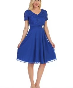 Prom Short Knee Length Dress With Short Sleeve Lace Bodice By Celavie 6320-S