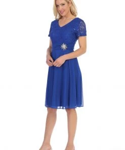 Prom Short Knee Length Dress With Short Sleeve Lace Bodice By Celavie 6320-S