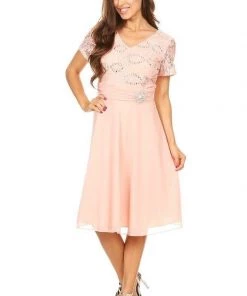 Prom Short Knee Length Dress With Short Sleeve Lace Bodice By Celavie 6320-S