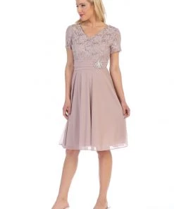 Prom Short Knee Length Dress With Short Sleeve Lace Bodice By Celavie 6320-S