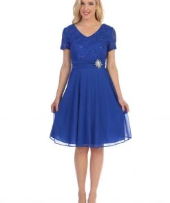 Prom Short Knee Length Dress With Short Sleeve Lace Bodice By Celavie 6320-S