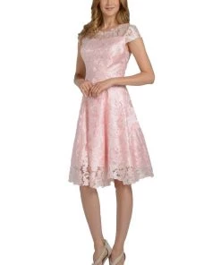Short Knee Length Lace Dress With Short Sleeves By Poly USA 8090 Prom