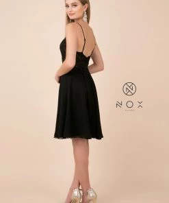 Short Knee Length V-Neck Dress With Appliques By Nox Anabel A660 Prom 12 Short Knee Length V-Neck Dress With Appliques By Nox Anabel A660 Prom