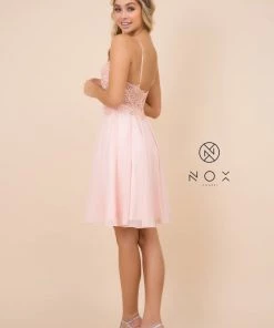 Short Knee Length V-Neck Dress With Appliques By Nox Anabel A660 Prom