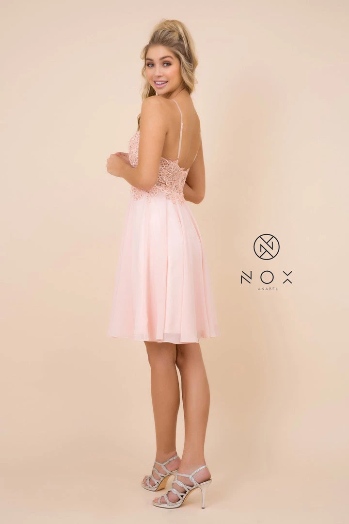 Short Knee Length V-Neck Dress With Appliques By Nox Anabel A660 Prom 4 Short Knee Length V-Neck Dress With Appliques By Nox Anabel A660 Prom
