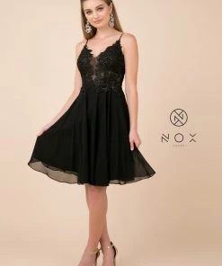 Short Knee Length V-Neck Dress With Appliques By Nox Anabel A660 Prom 10 Short Knee Length V-Neck Dress With Appliques By Nox Anabel A660 Prom