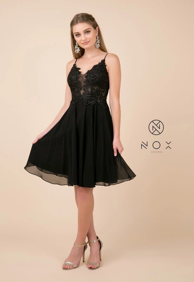 Short Knee Length V-Neck Dress With Appliques By Nox Anabel A660 Prom 5 Short Knee Length V-Neck Dress With Appliques By Nox Anabel A660 Prom
