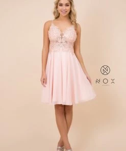 Short Knee Length V-Neck Dress With Appliques By Nox Anabel A660 Prom