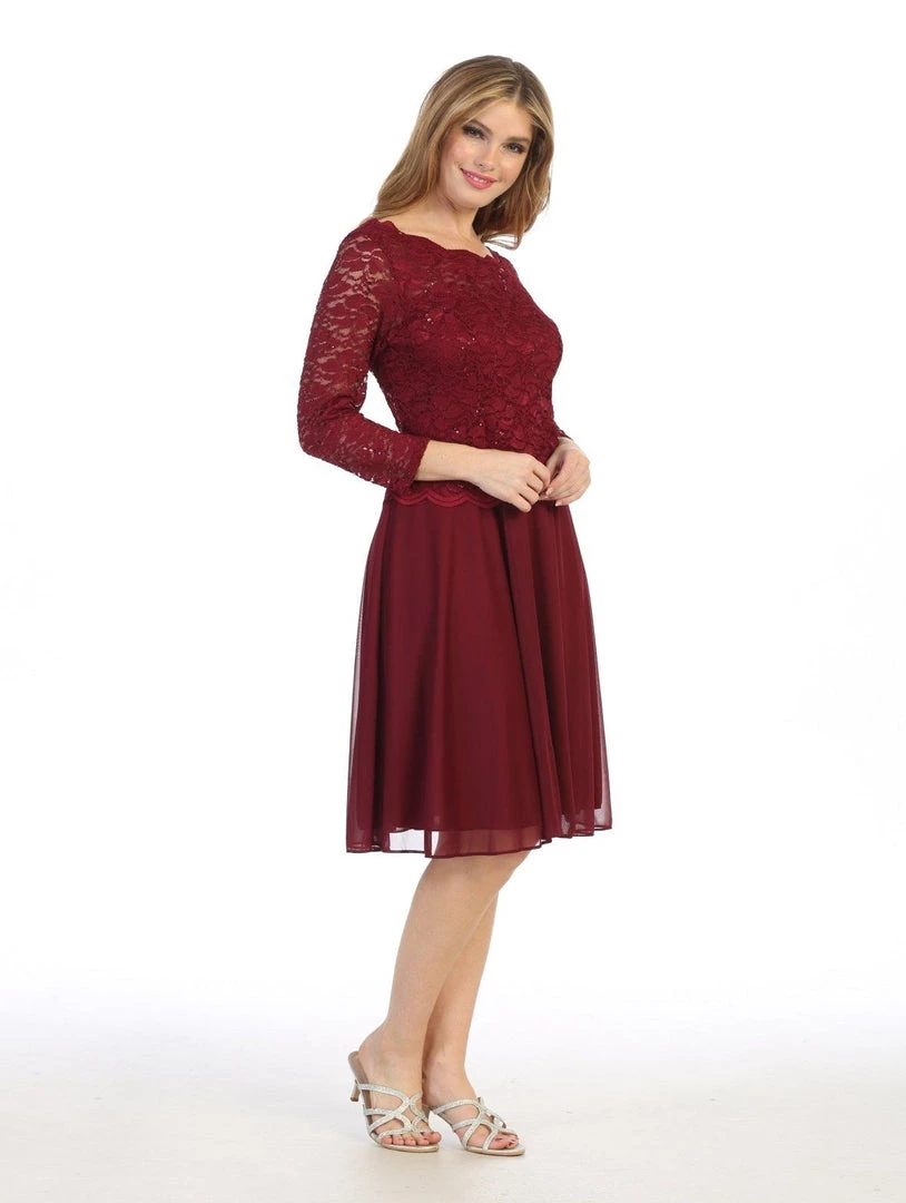 Bridesmaid Dresses Short Lace Bodice Dress With 3/4 Sleeves By Celavie 6426S 12 Bridesmaid Dresses Short Lace Bodice Dress With 3/4 Sleeves By Celavie 6426S