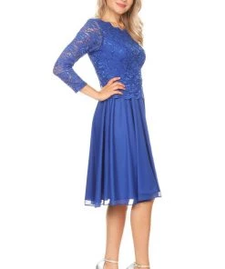 Bridesmaid Dresses Short Lace Bodice Dress With 3/4 Sleeves By Celavie 6426S 19 Bridesmaid Dresses Short Lace Bodice Dress With 3/4 Sleeves By Celavie 6426S