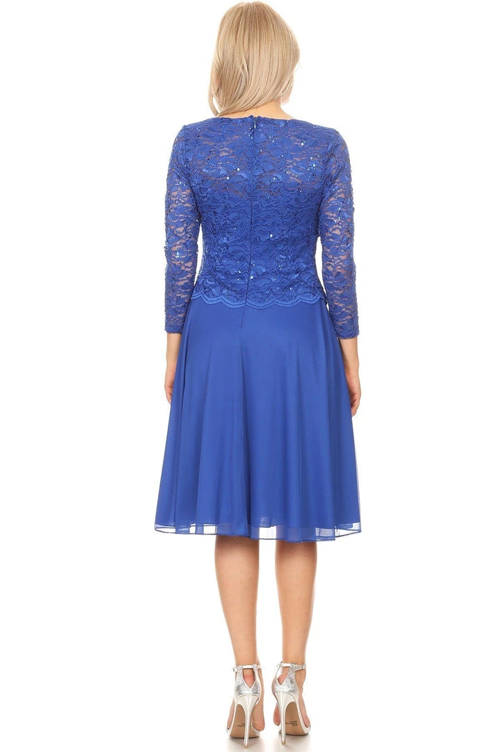 Bridesmaid Dresses Short Lace Bodice Dress With 3/4 Sleeves By Celavie 6426S 4 Bridesmaid Dresses Short Lace Bodice Dress With 3/4 Sleeves By Celavie 6426S