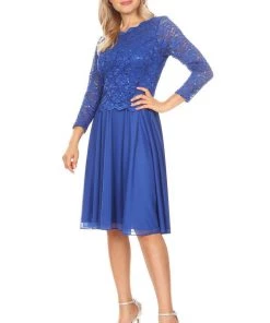 Bridesmaid Dresses Short Lace Bodice Dress With 3/4 Sleeves By Celavie 6426S 18 Bridesmaid Dresses Short Lace Bodice Dress With 3/4 Sleeves By Celavie 6426S