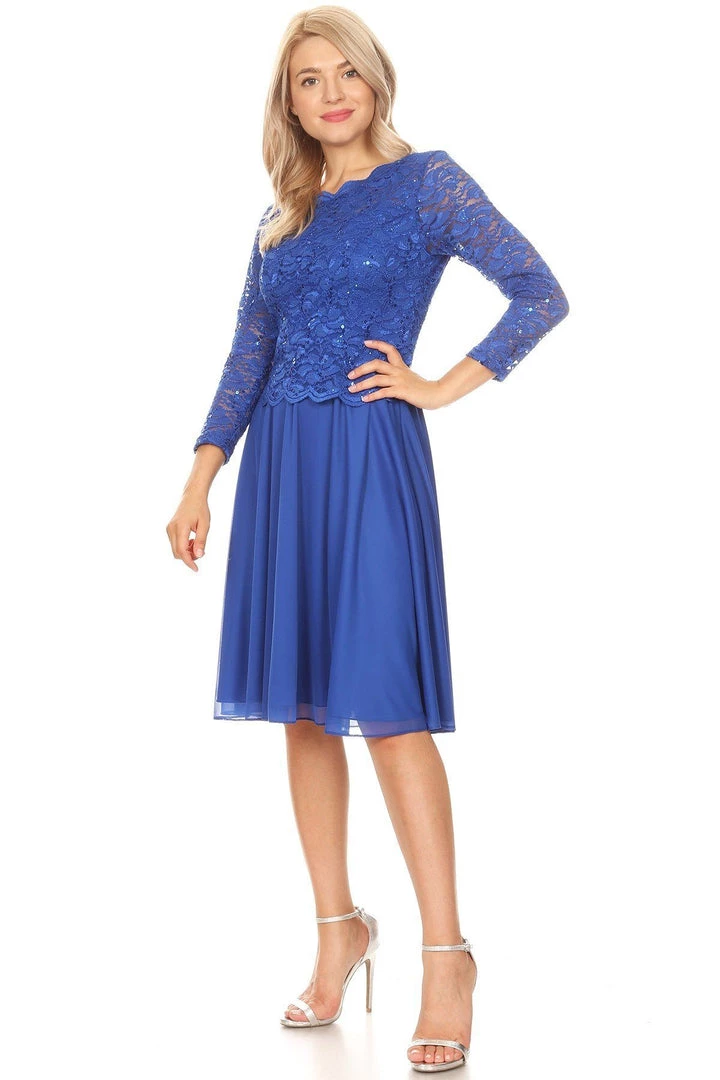 Bridesmaid Dresses Short Lace Bodice Dress With 3/4 Sleeves By Celavie 6426S 6 Bridesmaid Dresses Short Lace Bodice Dress With 3/4 Sleeves By Celavie 6426S