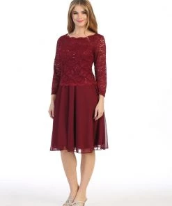 Bridesmaid Dresses Short Lace Bodice Dress With 3/4 Sleeves By Celavie 6426S 23 Bridesmaid Dresses Short Lace Bodice Dress With 3/4 Sleeves By Celavie 6426S