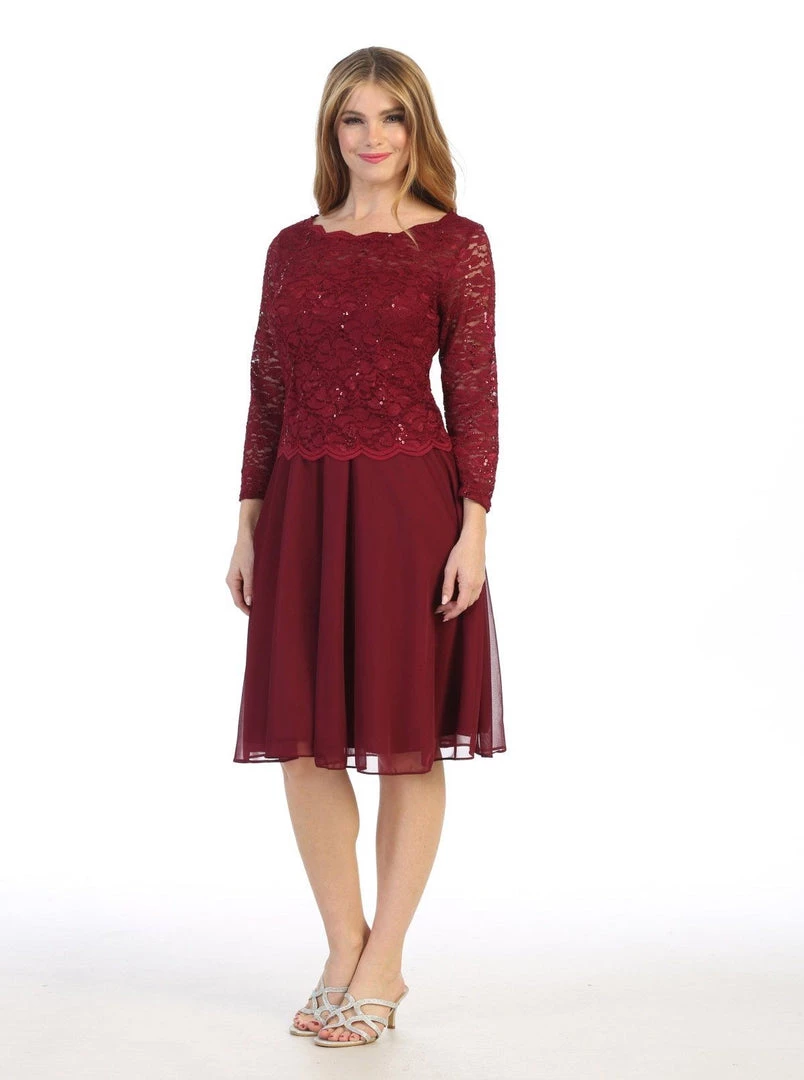 Bridesmaid Dresses Short Lace Bodice Dress With 3/4 Sleeves By Celavie 6426S 11 Bridesmaid Dresses Short Lace Bodice Dress With 3/4 Sleeves By Celavie 6426S