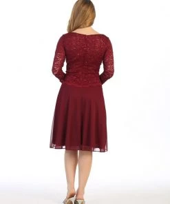 Bridesmaid Dresses Short Lace Bodice Dress With 3/4 Sleeves By Celavie 6426S 21 Bridesmaid Dresses Short Lace Bodice Dress With 3/4 Sleeves By Celavie 6426S