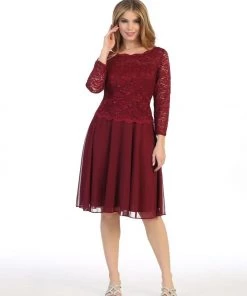 Bridesmaid Dresses Short Lace Bodice Dress With 3/4 Sleeves By Celavie 6426S 20 Bridesmaid Dresses Short Lace Bodice Dress With 3/4 Sleeves By Celavie 6426S