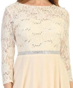 Short Lace Bodice Dress With Long Sleeves By Celavie 6305-S 34 Short Lace Bodice Dress With Long Sleeves By Celavie 6305-S