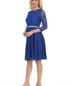 Short Lace Bodice Dress With Long Sleeves By Celavie 6305-S 27 Short Lace Bodice Dress With Long Sleeves By Celavie 6305-S