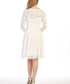 Short Lace Bodice Dress With Long Sleeves By Celavie 6305-S 29 Short Lace Bodice Dress With Long Sleeves By Celavie 6305-S