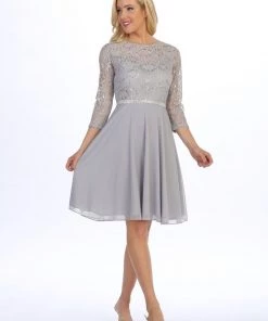 Short Lace Bodice Dress With Long Sleeves By Celavie 6305-S 25 Short Lace Bodice Dress With Long Sleeves By Celavie 6305-S