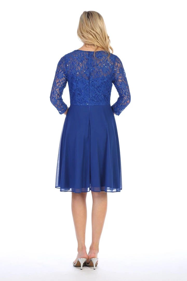 Short Lace Bodice Dress With Long Sleeves By Celavie 6305-S 4 Short Lace Bodice Dress With Long Sleeves By Celavie 6305-S